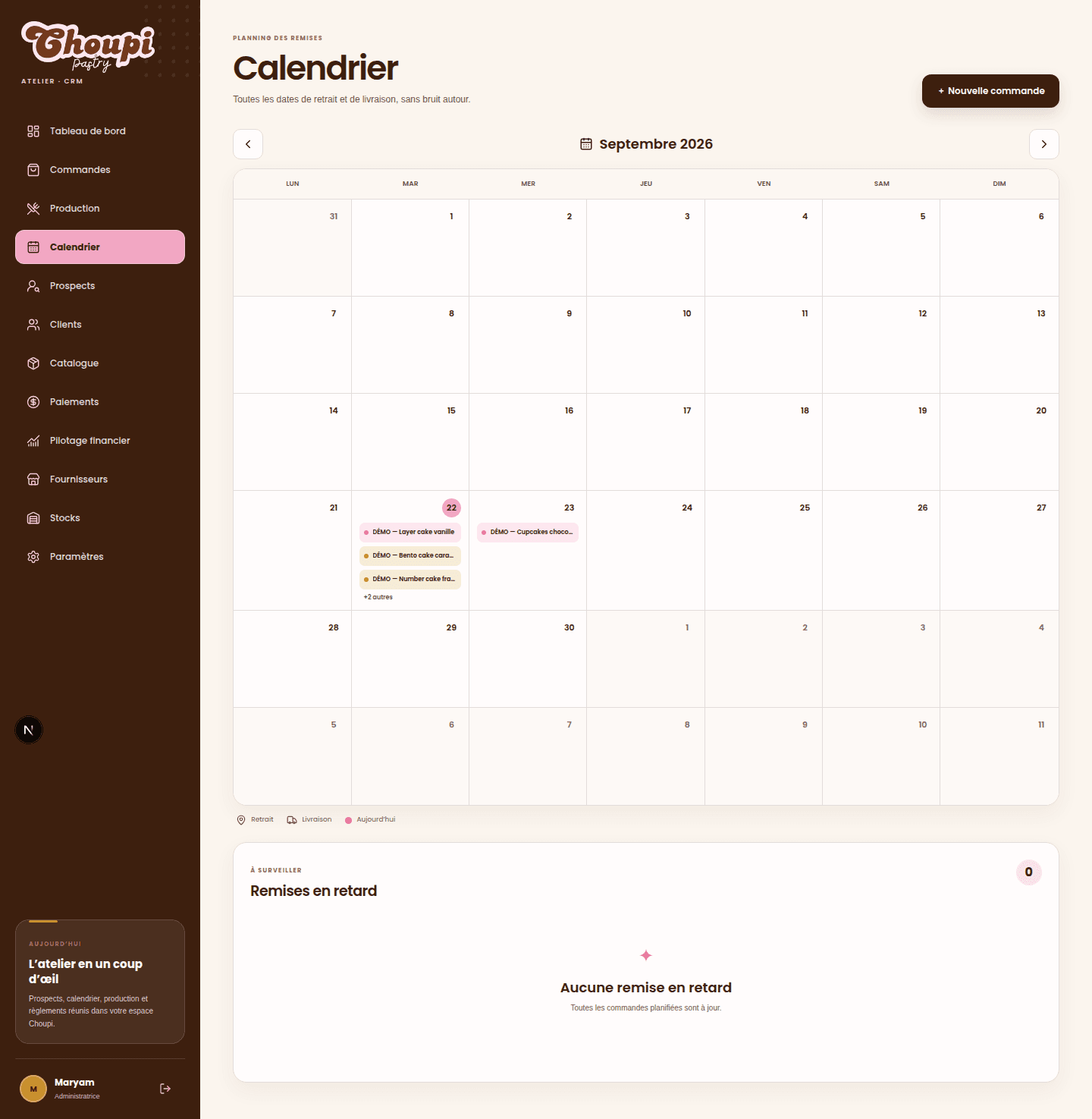 Calendrier des remises dans le CRM Choupi Pastry, sur données de démonstration