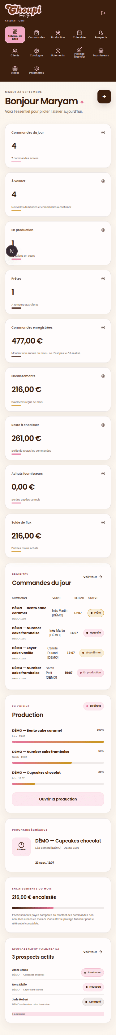 Expérience mobile dans le CRM Choupi Pastry, sur données de démonstration